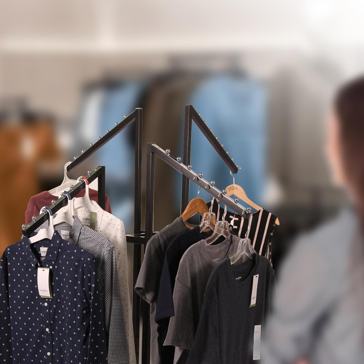 Black 4 Way Adjustable Clothing Rack with Slanted Arms - Retail Clothing Rack Display - Adjustable Height Arms from 48" to 72" Perfect for Clothing Stores