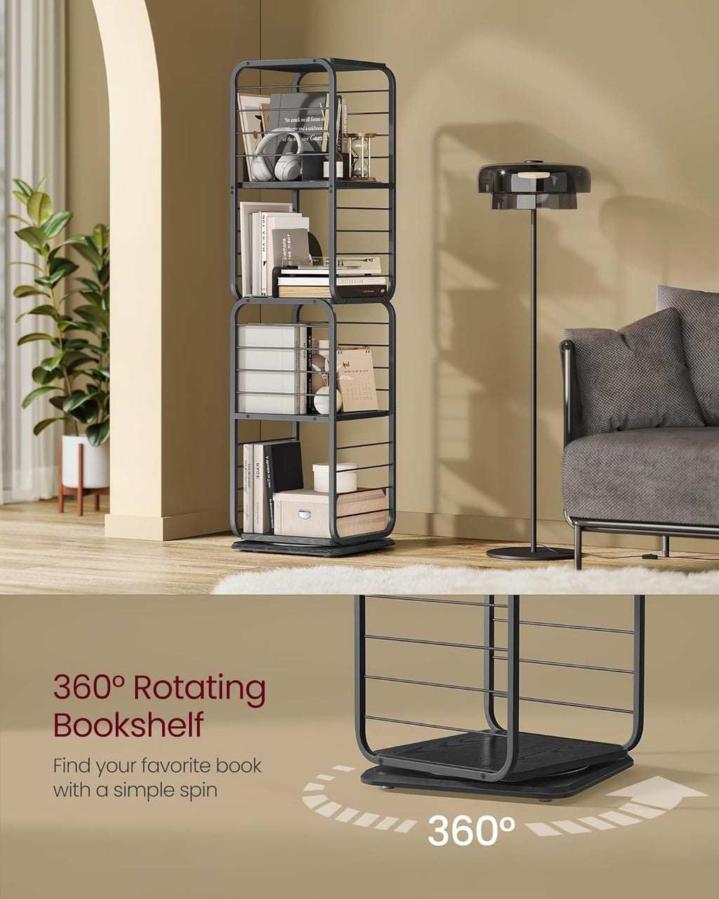 4-Tier Rotating Bookshelf, Bookcase with Bookends for Small Spaces, Corner Shelf, Steel Frame
