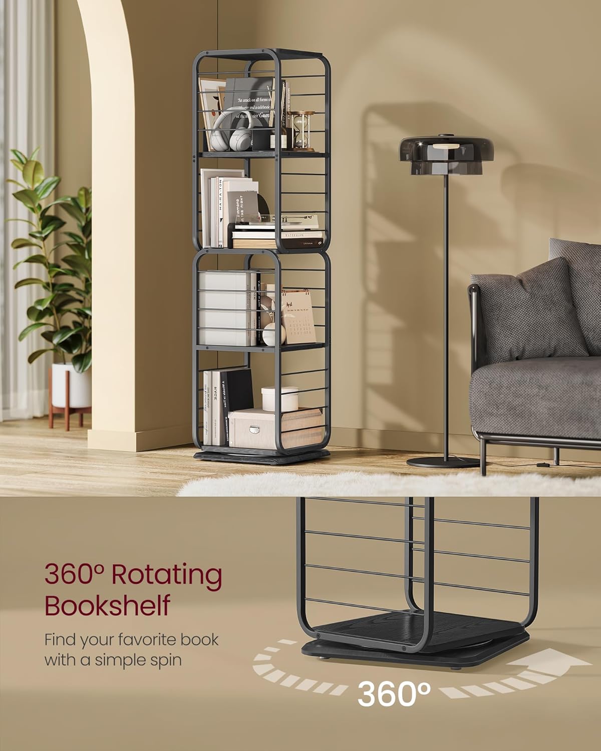 4-Tier Rotating Bookshelf, Bookcase with Bookends for Small Spaces, Corner Shelf, Steel Frame