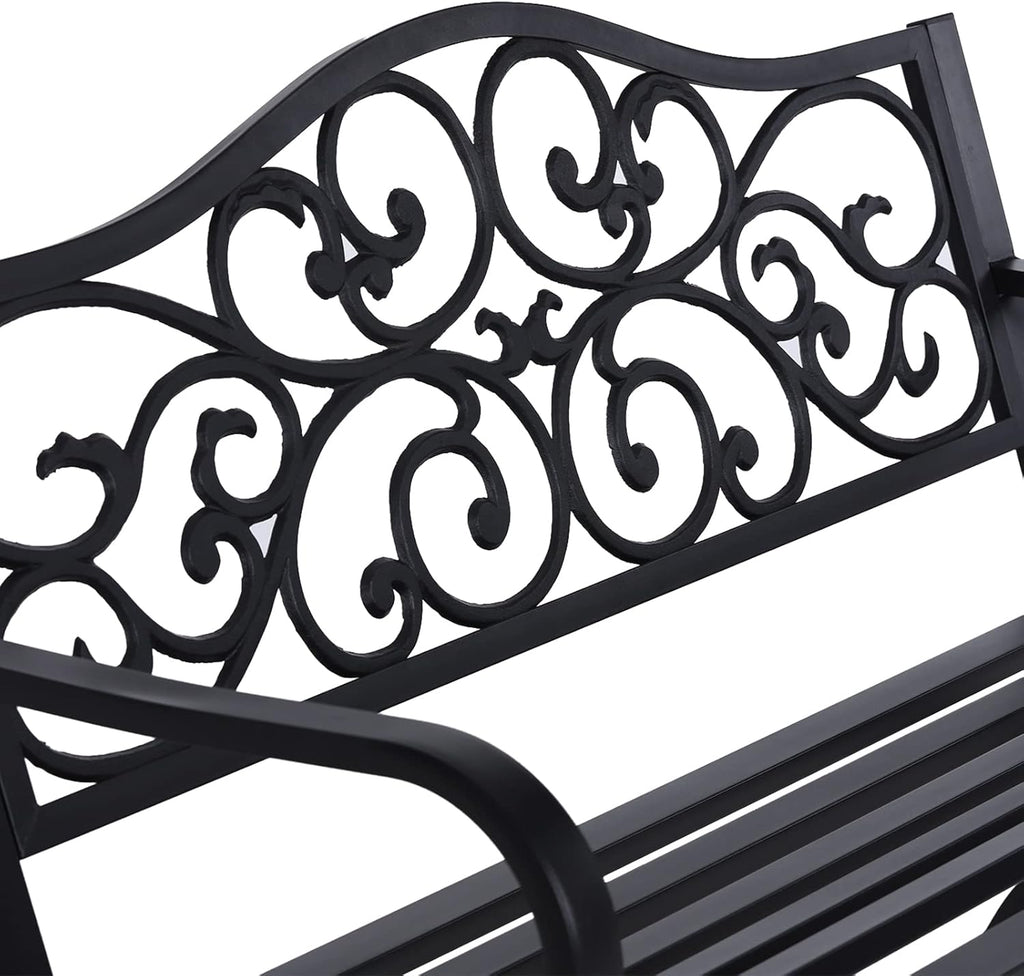 50" Outdoor Garden Bench Patio Park Bench, Cast Iron Metal Frame Furniture with Floral Design Backrest for Porch Yard Lawn Deck, Black