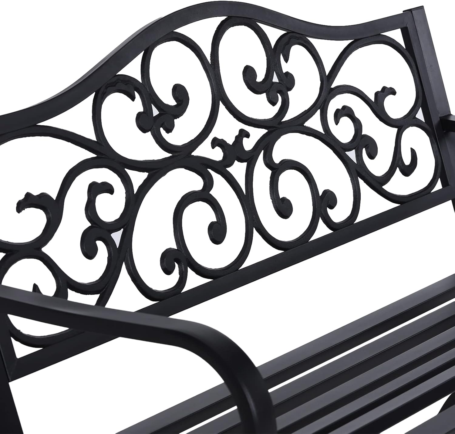 50" Outdoor Garden Bench Patio Park Bench, Cast Iron Metal Frame Furniture with Floral Design Backrest for Porch Yard Lawn Deck, Black