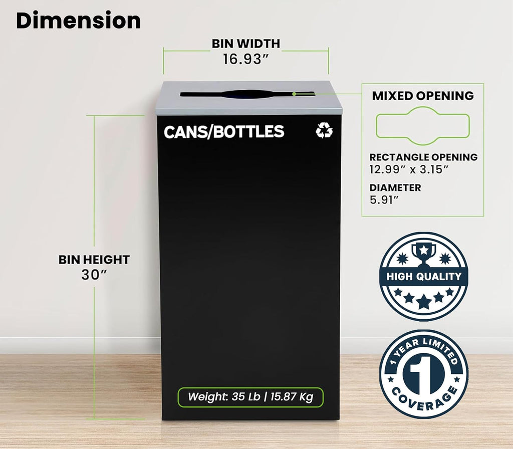 Commercial Indoor Recycle Bin - 29 Gallon Modern Looking Black Recycle Bin, Office Recycling Bins, Metal Trash and Recycling Container with Stickers & 3 Optional Lids (lid Sold Separately)