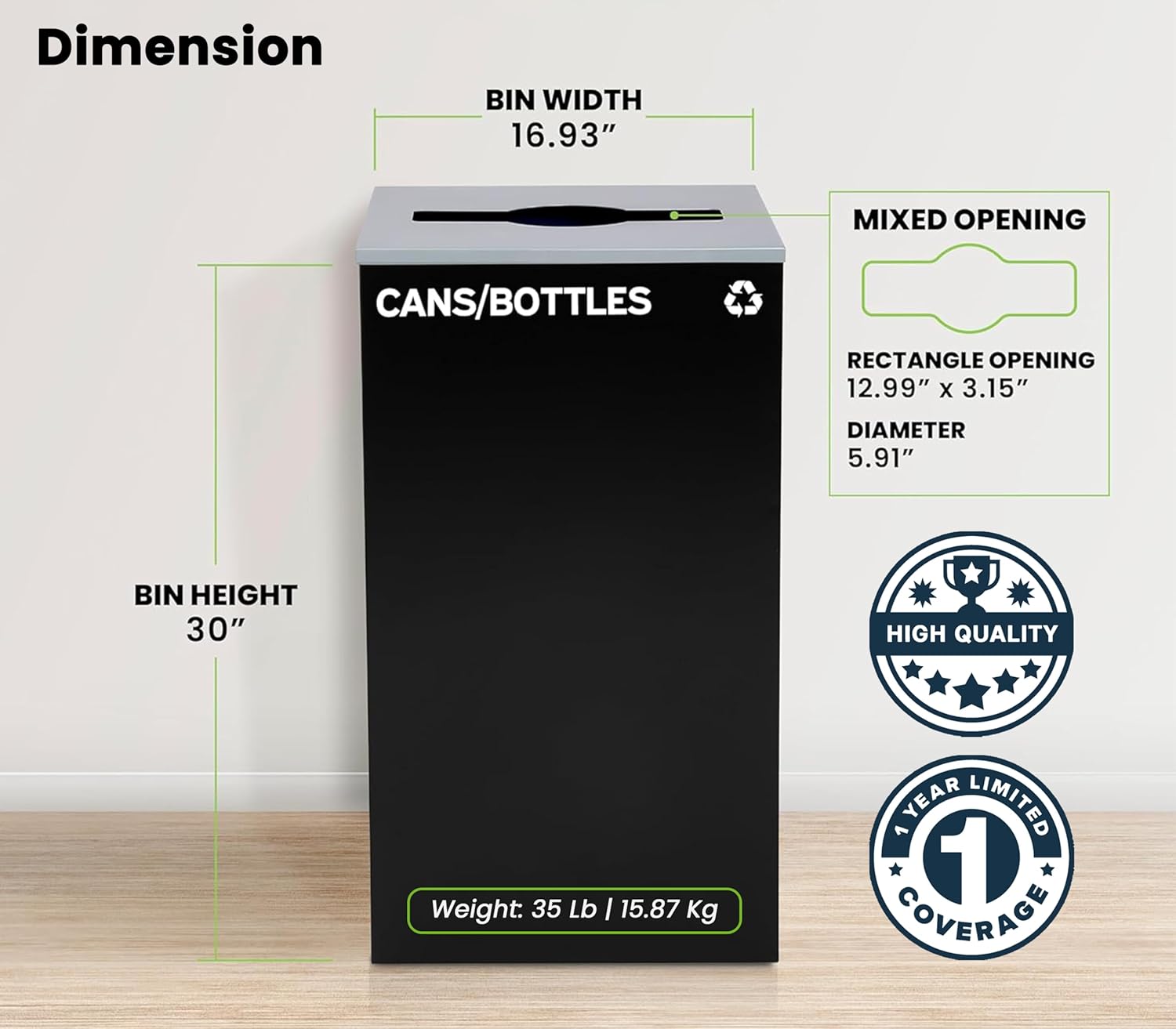 Commercial Indoor Recycle Bin - 29 Gallon Modern Looking Black Recycle Bin, Office Recycling Bins, Metal Trash and Recycling Container with Stickers & 3 Optional Lids (lid Sold Separately)