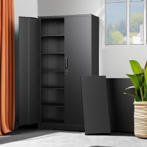 Metal Storage Cabinets with Lock Doors,Tall Locker Organizer Steel Garage Cabinets, 5 Adjustable Layers Shelves for Home, Office, Warehouse,Tool,Industrial