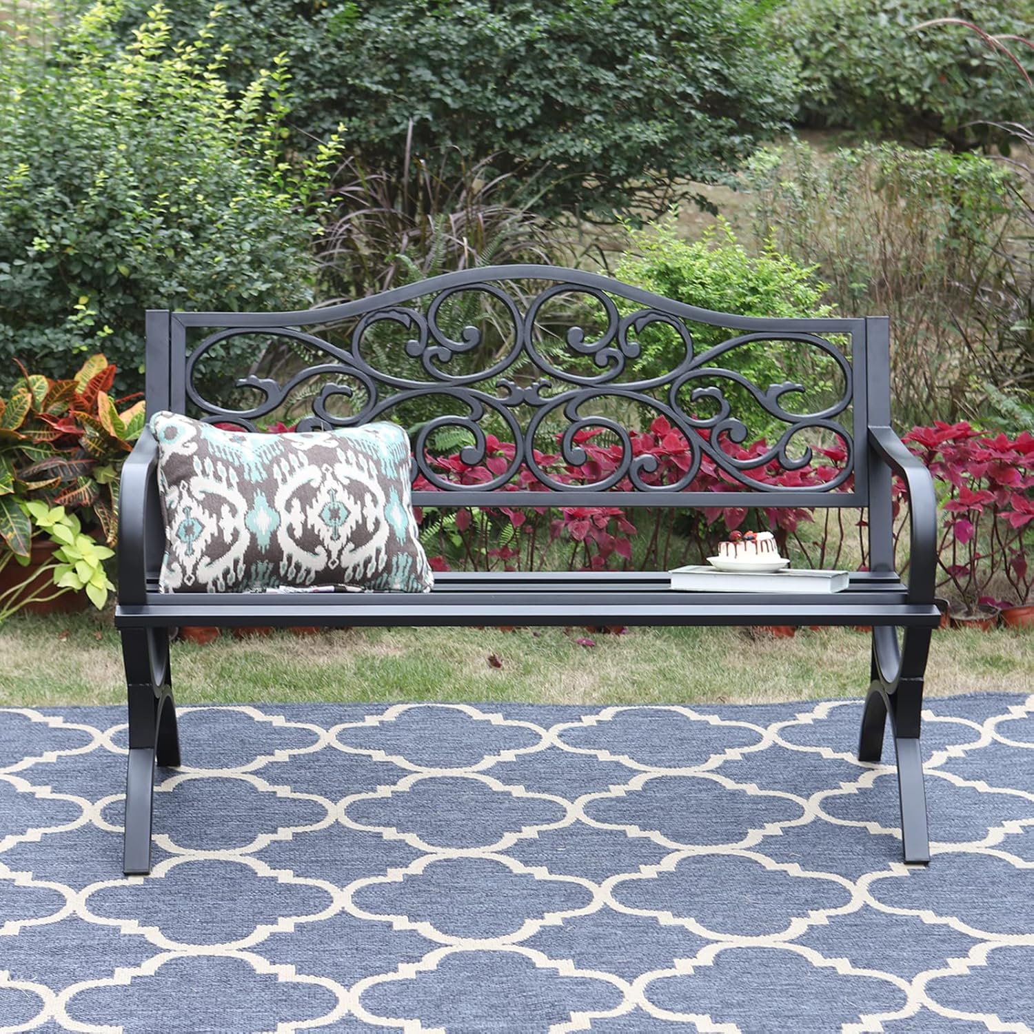 50" Outdoor Garden Bench Patio Park Bench, Cast Iron Metal Frame Furniture with Floral Design Backrest for Porch Yard Lawn Deck, Black