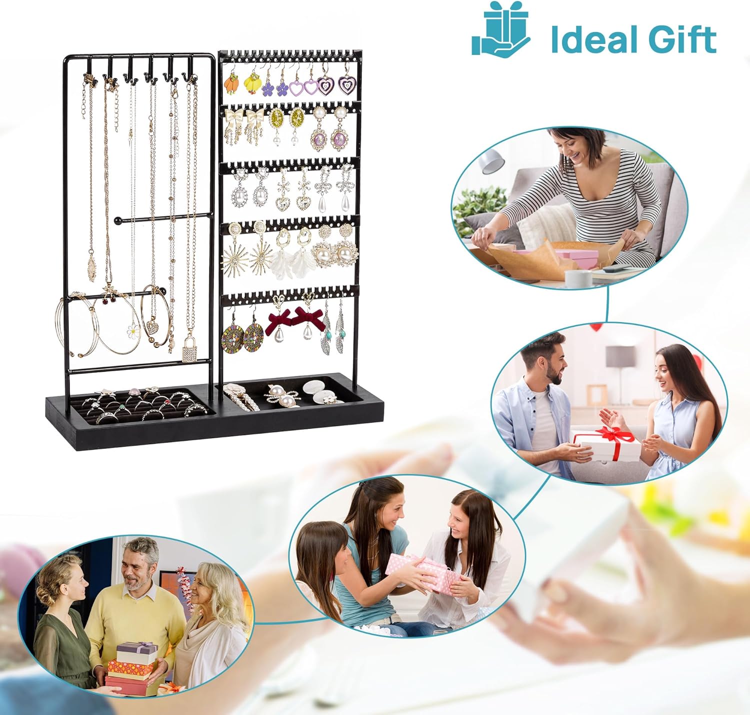 Jewelry Holder Organizer Stand Tree for Earring Necklace Ring Bracelets Display and Storage, with 90 Holes, 12 Hooks, All Black