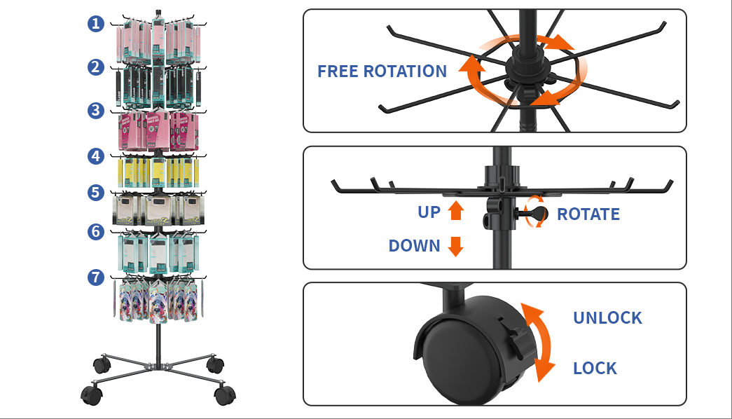 7 Layer Alloy Steel Retail Display Stand - 360 Rotating Spinning Display Stand for Jewelry, Key Chain, Store, Vendor Events, Cotton Candy
