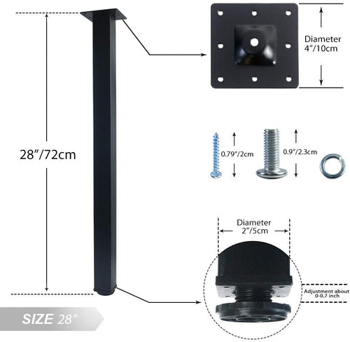 28" Adjustable metal furniture legs, square desk furniture legs